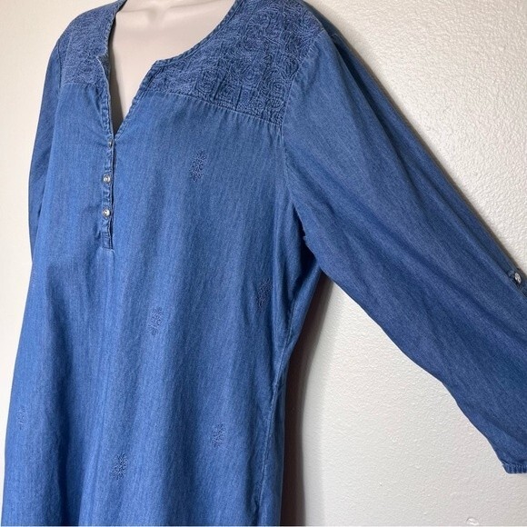 Nurture Chambray Denim Roll Tab Sleeve Embroidered Blue Shift Dress Women XL - Picture 4 of 16